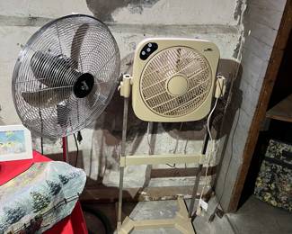 Adjustable height standing electric fans.