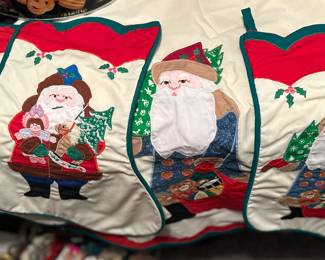 Gorgeous stitched Santa Claus tree skirt with three stockings