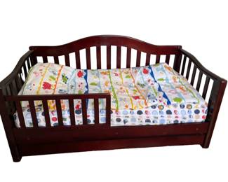 $100 USD      Wood Child's Toddler Transition Bed KW214-27    Bed is the ideal transition bed for when your child is too big for a crib but too small for a full-size bed. It features a convenient low-to-floor design, making it easy for your child to get in and out of bed. A removable side safety guard rail prevents any accidental falls for the restless sleeper!

Dimensions: 55 x 30 x 28"H

Condition: Very good

Local pick up McLean, VA.  Contact us for shipper suggestions.      https://goodbyhello.com/products/copy-of-antique-wood-inlaid-mirror-armoire-kw214-25?_pos=8&_sid=39f7e14c1&_ss=r