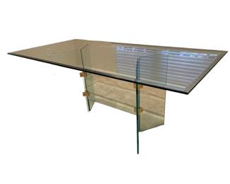 $1000 USD      Mid Century Leon Rosen Pace style Glass Double V Dining Table KW214-15     A stunning rectangular glass and brass dining table attributed to Leon Rosen for the Pace Collection, New York. The base is made of glass panels with brass hinges holding the pieces together — just a touch of gold gleaming through the glass. Brass Glass Connectors

Dimensions: 72 x 36 x 29"H

Condition: Very good.  

Local pick up McLean, VA.  Contact us for shipper suggestions.      https://goodbyhello.com/products/copy-of-entertainment-center-kw214-14?_pos=42&_sid=39f7e14c1&_ss=r