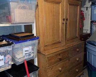 $950 USD       Irish Pine Pie Safe Linen Chest Armoire Cabinet KW214-18     This is a fabulous antique pine Victorian Linen Press Cupboard Cabinet with an upper shelved cabinet, two small drawers over two large drawers. The piece sits on bracket feet and has two original upper shelves and all original carved wooden drawer pulls and hardware.

Dimensions: 49 x 23 x 80"H

Condition: Very good.  

Local pick up McLean, VA.  Contact us for shipper suggestions.     https://goodbyhello.com/products/copy-of-set-of-3-bookcases-kw214-17?_pos=23&_sid=39f7e14c1&_ss=r