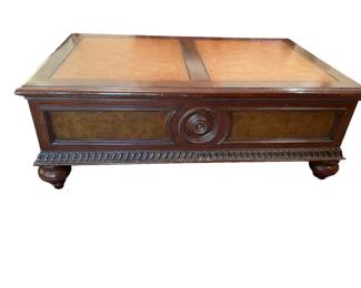 $350 USD      Ethan Allen Carved Wood/Leather Tooled Top Hastings Coffee Table KW214-9     Dovetailed Drawer Construction
Quality Construction
Tooled Leather Top
Nice Carved Base
Mahogany & Burl Elm Panels

Dimensions: 50 x 32 x 18.5"H

Condition: Very good.  

Local pick up McLean, VA.  Contact us for shipper suggestions.      https://goodbyhello.com/products/copy-of-ethan-allen-bombay-chest-kw214-8?_pos=41&_sid=39f7e14c1&_ss=r
