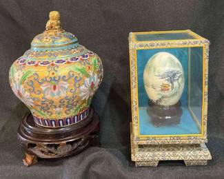 Cloisonne Enamel Gilt Ginger Jar, Vintage Hand Painted Chinese Egg Trees and Hut In Display Case