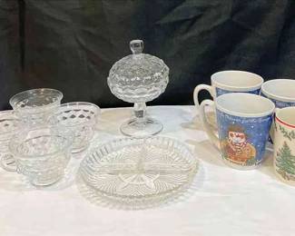4 Hobnail Cristal Coffee Cups , Vintage American Footed Candy Dish Clear Glass, 4 Christmas Mugs. 10 Items