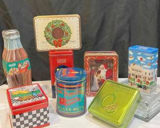 8 Vintage Cookies Boxes Coca Cola Bottle Shaped Tin From 1999 Christmas , Vintage Oreo Christmas Tin 1990 1991, Limited Edition Ritz Cookies Box And More.