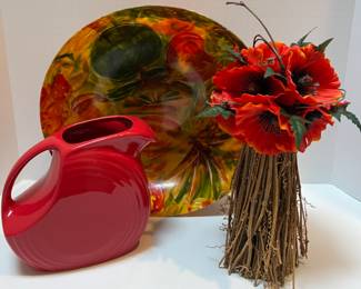 Home Decor Lot with Fiesta Pitcher, Poppy Arrangement