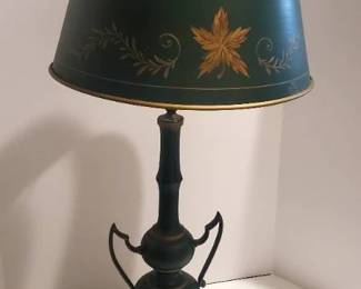 Vintage Tole Ware Green & Gold Table Lamp w/ Milk Glass Torchiere Shade