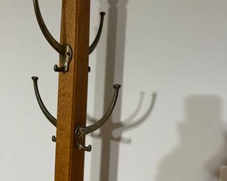 Vintage Classic Deco Style Oak COAT RACK w/ Brass Hooks