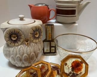 Lot of MCM Kitchen Serving Pieces, Teapots, Cookie Jar, Acrylic Coasters, Spoon Rest