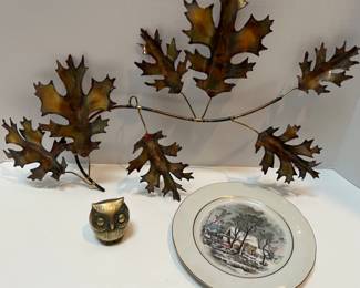 Fall Leaves Metal MCM Wall Sculpture Brass Owl & Plate
