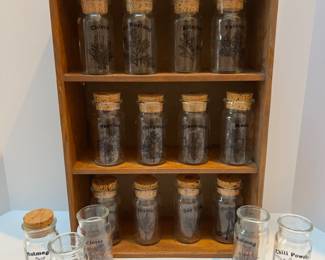 Vintage Oak SPICE RACK Shelf & Corked Glass Spice Jars