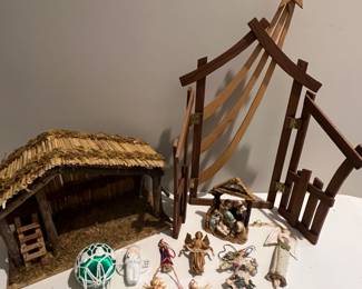 Tabletop Stable Nativity Wood Grouping & Angel Ornaments for Christmas Decorating