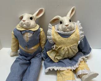 Mr. & Mrs. Bunny Rabbit Sculptural Dolls Signed Composition