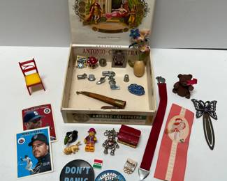 Cigar Box with Junk Drawer Items, Pinback Buttons, Game Pieces and More