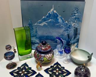 Home Decor Collection of Stained Glass, Asian Painting, MCM Rectangle Vase