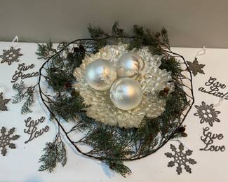 XL Christmas Ornaments, Silvered Glass Bowl, Potterybarn Glittered Snowflakes