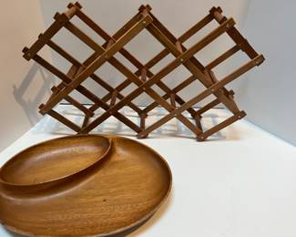 Vintage MCM Expandable Wine Rack and Philart Divided Wood Serving Bowl