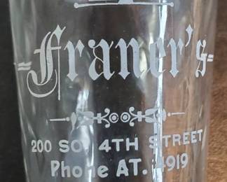 Vintage Whiskey Shot Glass FRANER'S Bar Glass Minneapolis, MN