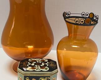 Decorative AMBER GLASS Vases & Asian Tea Tin