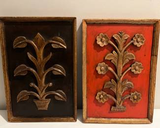 Vintage MCM Carved Wood Wall Hanging Sculpture Pictures of Plants