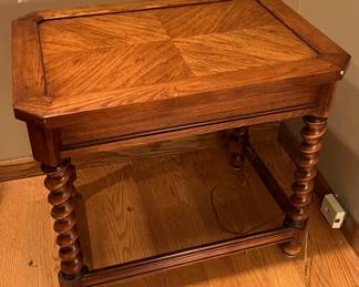 Vintage Parquet Top Side Table w/Turned Barley Twist Leg