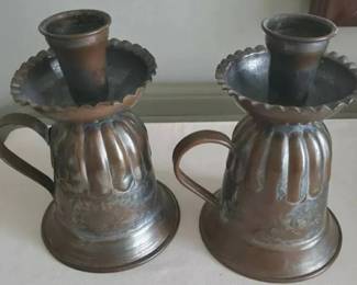 Antique Pair Handmade Carved Copper Candlesticks