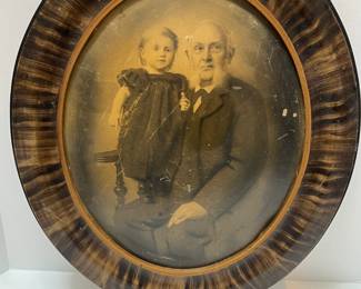 Antique Oval Domed Picture Tortoise Finished Frame Old Man & Little Girl