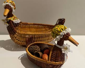 Set of 2 Retro Woven Wicker Rattan Duck Baskets