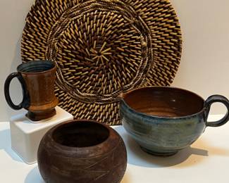 Studio lot of Pottery and Grass Matt Woven Bowl