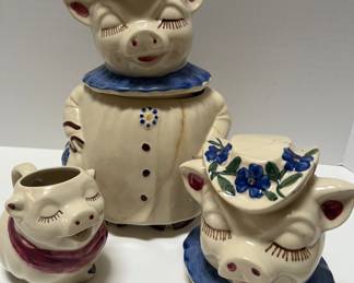 Vintage Sweet "Winnie" Pig Cookie Jar in blue w/ Smiley Creamer