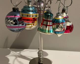 Mercury Glass Christmas Ornaments on Umbrella Display Hanging Rack includes Shiny Brite UFO