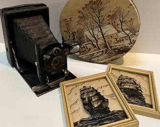 Bellows Camera, Vintage Tin & Silhouettes, Rounded Glass Pictures