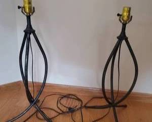 Pair Vintage Curved Tripod Forged Wrought Iron Table Lamps