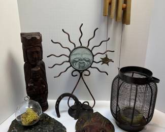 Sun Face Collectibles, Wind Chimes, Elephant Mask, Marble Trivet & Lantern