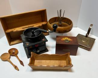 Antique Coffee Grinder, Utensil Tray, Swedish Carved Spoons, & Other Cabin Decor