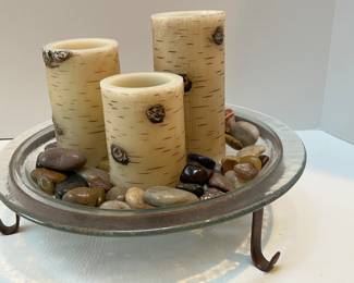 Centerpiece with Polished Stones & Electric Birch Bark Candles
