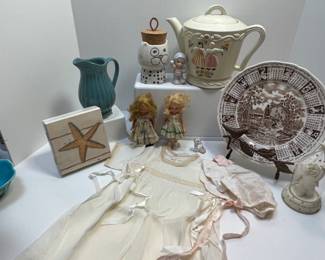 Porcelier Teapot Storybook Dolls Linen Dress and Bonnet Lenox Girls Room Decor