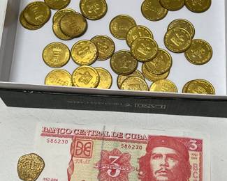 One Crown Gold Tone Coins, Doubloon and Paper Bill