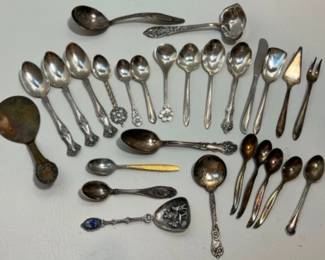 27 Assorted Silver Plate Silverware Souvenir Spoons & Serving Pieces