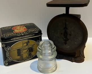 Antique Tin Scale, Tin Box and Glass Insulator Home Decor