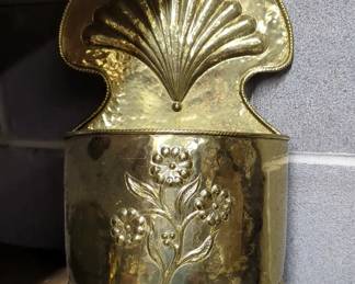 Brass Assortment, Including Wall Mounted Stanchion / Rope Holders, Qty 3, Candlestick, 14" Diameter Tureen, And Wall Mounted Flower Pocket, Wood Tribal Masks, Qty 2, 14" x 4", And More, Total Qty 11