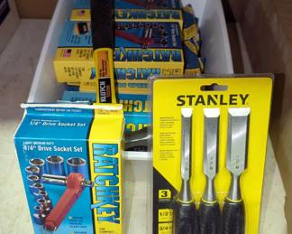 Klutch 16 Oz Rip Hammer, Stanley 3 Piece Wood Chisel Set, Model 16-150, And Ratchkey 1/4" Drive Light/Medium Duty Socket Sets, Model SK-9, Qty 10 Sets