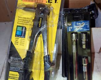 Stanley Heavy Duty Riveter, Model MR55, Toolworks 3 Piece Ratcheting Box Wrench Set, And UST 3/8" Drive 3 Piece Extension Bar Sets, Qty 7