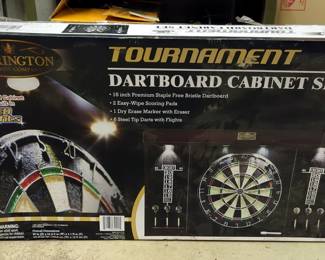 Barrington Billiards Co. Tournament Solid Wood Dart Board Cabinet With Built In LED Lights, Model 1564001, 40" x 24.75" x 4 1/8", New In Box