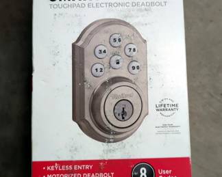 Kwik Set Front Entry SmartKey Set, Kwikset Smart Code Electronic Touch Pad Dead Bolt, Baldwin Prestige Series Entry Knob Set, Gruv Pneumatic Door Closer, 6.5" Garage Door Pulls, And More