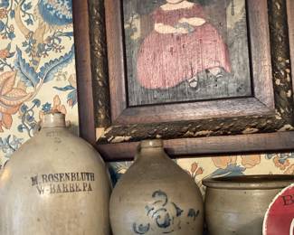mid-late 1800's folk painting on wood,  gorgeous crocks and jugs too