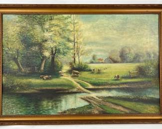 #40 • Vintage Framed Pastoral Oil on Canvas - Sheep Grazing
