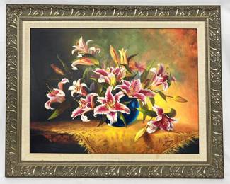 #32 • Fran Di Giacomo: Framed Textured Giclee Still Life of Blooming Lilies in a Round Bowl - 40" x 32"
