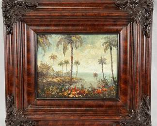 #115 • Framed Oil on Canvas Landscape - Tropical Seaside View with Palms - 17.5" x 15.5"