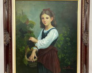 #106 • Framed Oil on Canvas in the Style of Elizabeth G. Bouguereau's "A Young Girl Holding A Basket of Grapes"